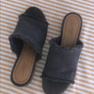 Denim chunky open toe mules